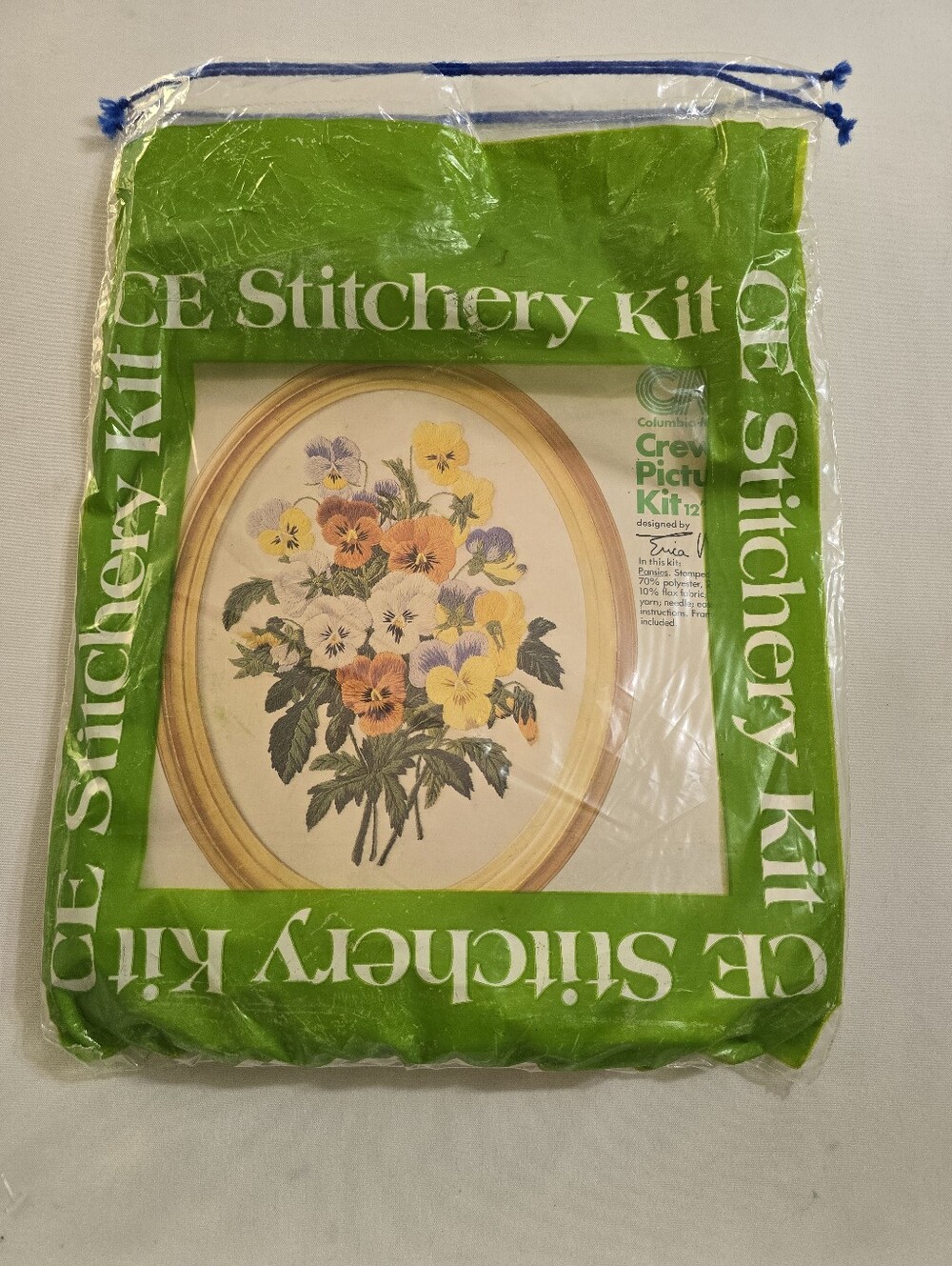 Columbia Minerva Crewel Kit Pansies Erica Wilson Vintage Floral Stitchery Art